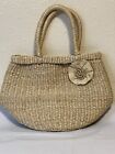 Purse Tote Handbag Unlined, Woven, Beaded Flower Accent , Preowned