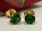1 Ct Natural Green Emerald Round Cut Women's Stud Earrings 14k Real Yellow Gold