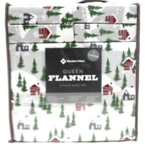 MEMBER'S MARK 6 PIECE FLANNEL SHEET SET, HOLIDAY CABIN TREES QUEEN FREE SHIPPING