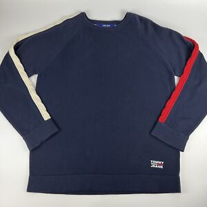 Vtg Y2K Tommy Jeans Cable Knit Stripe Sleeves Navy Blue Men’s XL Oversized Logo