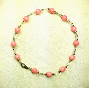 14k solid yell gold 4.5mm round ball natural Pink Coral bracelet 7 1/4 inches
