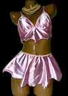 Pink Oily Second Skin Satin Bra & Bikini Brief  Skirt Panties Lingerie Set L XL