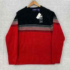 Reservoir World Wide Sweater Mens Medium Red Black Stripes Crew Long Sleeve NEW
