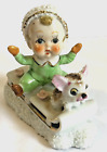 Vintage UCAGCO Sugared Baby & Dog Riding Sleigh Made in Japan 1950s Christmas