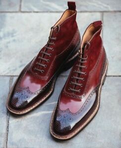 Handmade Two Tone Brown & Maroon Leather Oxford Brogue Wingtip Lace Up Boot