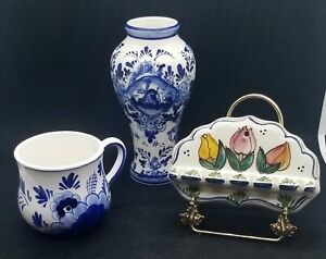 Holland Delft Blue Handpainted Lot of 3 Spoon Tulip Hanger Bubble Mug & Vase