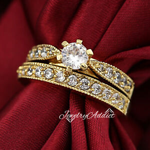 14K GOLD GF VINTAGE MILGRAIN ENGAGEMENT WEDDING BAND SIMULANT DIAMOND RINGS SET