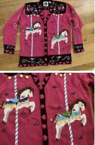 Storybook Knits Sweater Carousel Horse Hearts Cardigan Rare Sz M MED Barely Worn