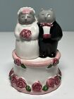 Vintage Clay Art Bride Groom Cats Wedding Cake Salt and Pepper Shakers Roses