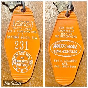 Vtg MCM Howard Johnsons & Car Rental Daytona Beach FL Room Key & Fob #231 Orange