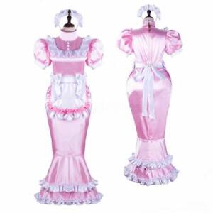 sexy Sissy Girl Maid fishtail Lockable Pink Satin Dress cosplay costume Tailored