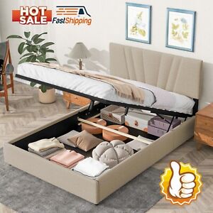 Beige Full/Queen Bed Frame with Lift Up Storage and Modern Tufted Headboard