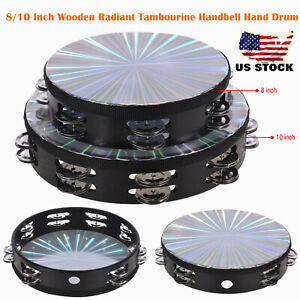 8/10 Inch Wooden Radiant Tambourine Handbell Hand Drum with Double Row Jingles