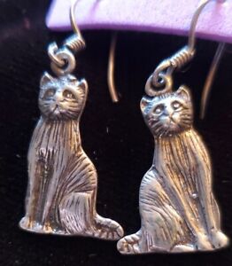Vintage Jewelry Pierced Earrings Sitting CatsSterling Sliver (Wires Not 925)