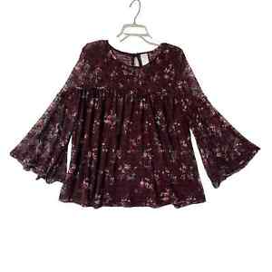Time & Tru Womens Top Size XL Babydoll Lace Lined Maroon Bell Sleeve Floral