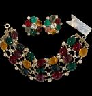 Hattie Carnegie Vintage Colorful Cabochon Clear Rhinestone Bracelet Earring Set
