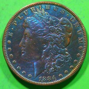 1884 Full Rainbow Blue & Gold Toned Morgan Silver Dollar @BG762