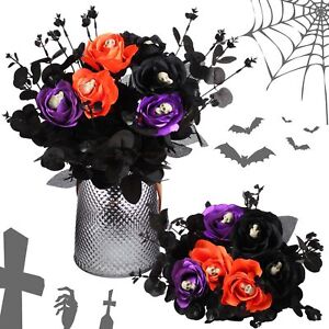 12 Pcs Halloween Black Faux Rose Artificial Flowers with Skull Skeleton Hand ...