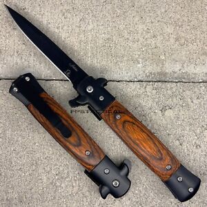 Falcon Black with Cherry Wood Spring Assisted Tactical EDC Stiletto Knife 3.75