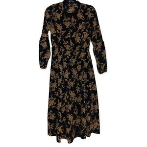 Women's Black and Gold Floral Midi Long Sleeve Dress