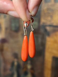 Victorian 12Ctw Coral 14K Yellow Gold Plated Drop Dangle Earrings Gift For Her