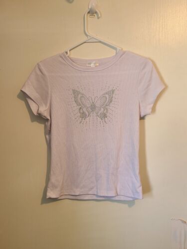 Orange Kiss Short Sleeve Ribbed Top with Diamond Butterfly White Size L