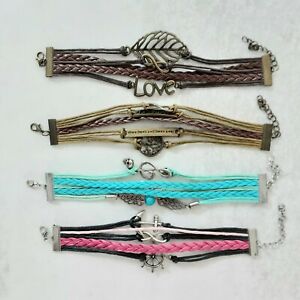 Faux Leather Charm Bracelets, Lot of Four, Inspiration Strand Braided Wraps