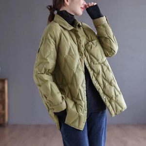 Womens Loose Quilted Outwear Single Breasted Lapel Collar Padded Shirt Jacket