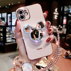For iPhone 15 Pro Max 14 13 12 11 X Cute Bling Mirror Holder Phone Case w/ Chain