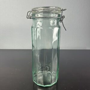 VTG Hermetic Green Tinted 12 Sided Glass Canister Jar Hinged Lid 10.5” Italy