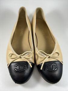 Chanel Beige Lamb skin Cap Toe Ballet Flats D A02819 Size 38 1/2