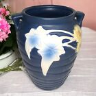 Vintage Roseville Pottery Blue Luffa Flower Handled Vase 685-7  REPRODUCTION