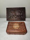 Vintage Carved Wooden Hinged Box Lot Peacock and Inlaid Stash Box
