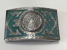 Vintage Sterling Silver Aztec Sun Stone & Turquoise Western Belt Buckle