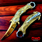 9” Tactical Engraved Gold Dragon Spring Assisted Open Blade Folding Pocket Knife