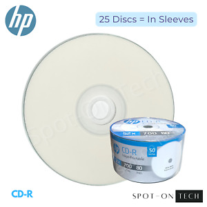 25 HP CD CD-R White Inkjet Printable 52X Blank media 700MB Disc IN 25 SLEEVES