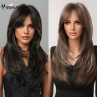 23 Inch Honey Brown Mixed Blonde Wigs with Bangs Long Straight Wigs Synthetic US