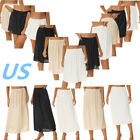 US Womens Silky Satin Half Slips Petticoat Underskirt Elastic Waist Midi Skirt