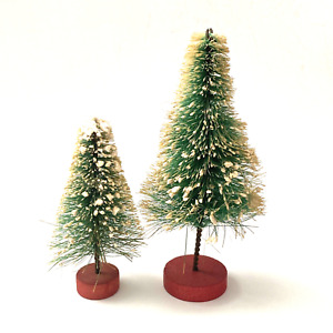 Pair Of Vintage Wire Bottle Brush Trees Flocked Christmas Red Wood Bases ~ 4-6”