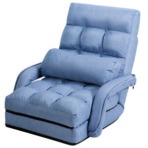 Blue Folding Lazy Sofa Floor Chair Sofa Lounger Bed with Armrests and Pillow
