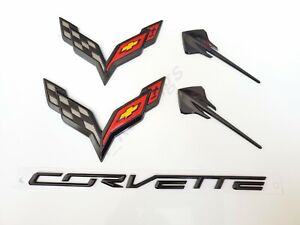 5PC 2014-2019 Corvette C7 Gloss Black Front & Rear & Stingray Cross Flags Emblem (For: Chevrolet)