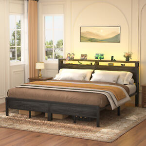 King Size Bed Frame with LED Headboard Metal Platform Bed with Storage Drawers