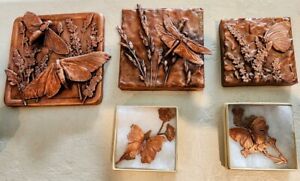 Copper Art Tiles Handmade 5.5 inch, 4 by 4inch 3 by 3 inch and 2 Broches 3 inch