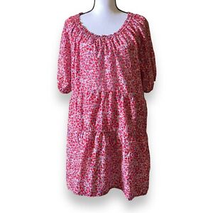Xirena Tiered Mini Dress Sz S Pink Red Ditsy Floral Babydoll Lightweight Cotton