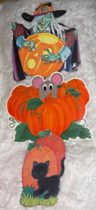 Vintage Lot of 3 Amscan Halloween Die Cut Decorations Pumpkins Cat Witch READ
