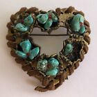 Heart Brooch Pin Turquoise Leather Vintage  Missing stones Read