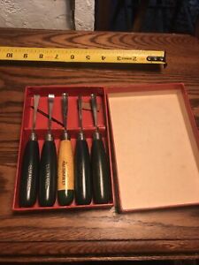 Vintage Craftsman USA 5 Piece Chisel Carving Tool Set Green Wood Handles W/ Box