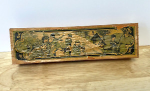 Wooden German Hinged Pencil Box Vtg Colorful Lithograph Scene Antique SEE ALL