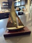 Vintage BRASS SAILBOAT Paperweight Decor Office on Wood Base 8”x6”x2.5”