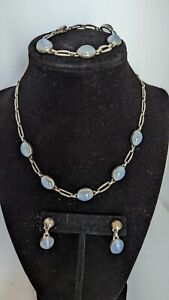 Sterling Silver wRe Faux Moonstone Necklace, Bracelet, Earrings MCM Vintage